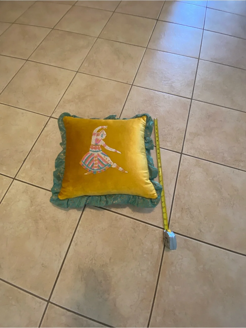 Embroidered Dancer Velvet Throw Pillow in Mustard Yellow with Teal Ruffle